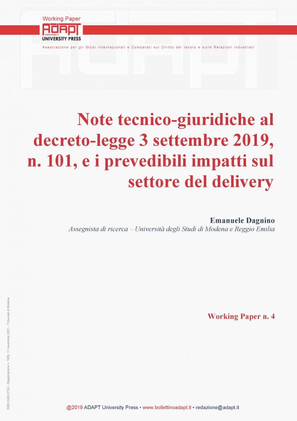 Note tecnico-giuridiche al decreto-legge 3 settembre 2019, n. 101, e i prevedibili impatti sul settore del delivery