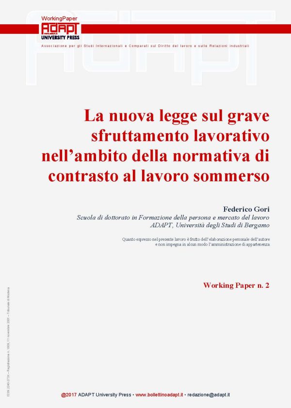 La nuova legge sul grave sfruttamento lavorativo nell’ambito della normativa di contrasto al lavoro sommerso