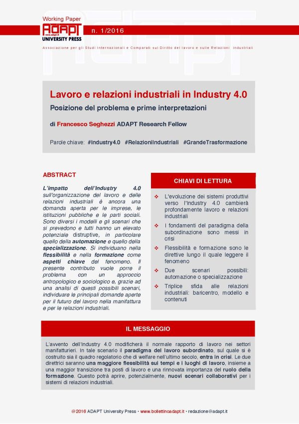 Lavoro e relazioni industriali in Industry 4.0