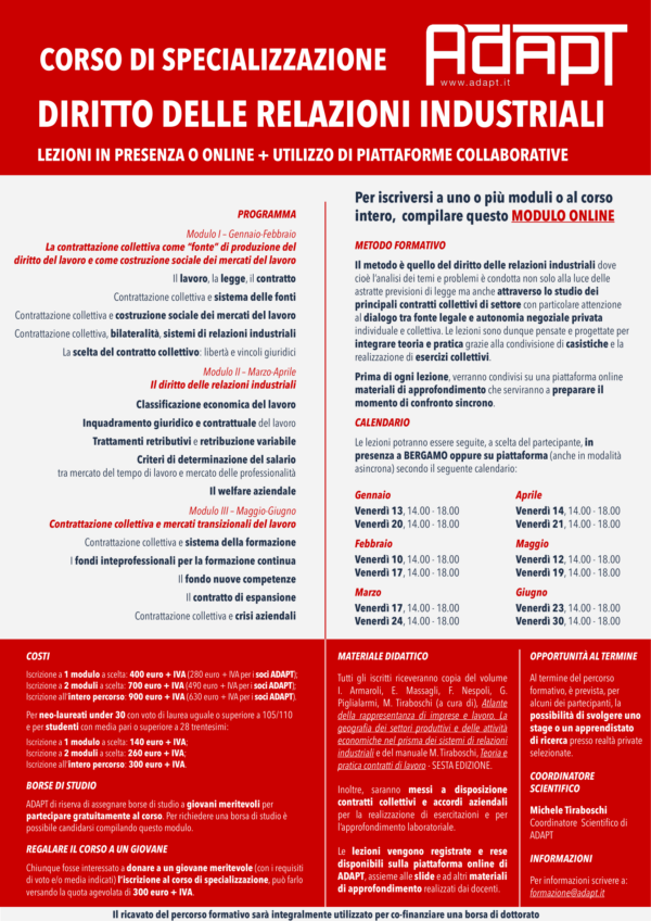 Corso sincrono-asincrono di specializzazione in Diritto delle relazioni industriali