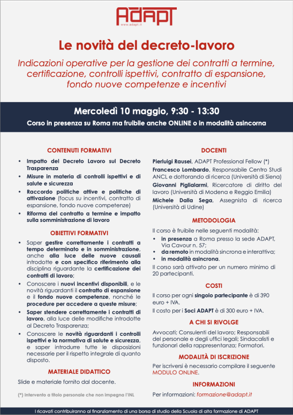 Corso ADAPT - Le novità del decreto-lavoro