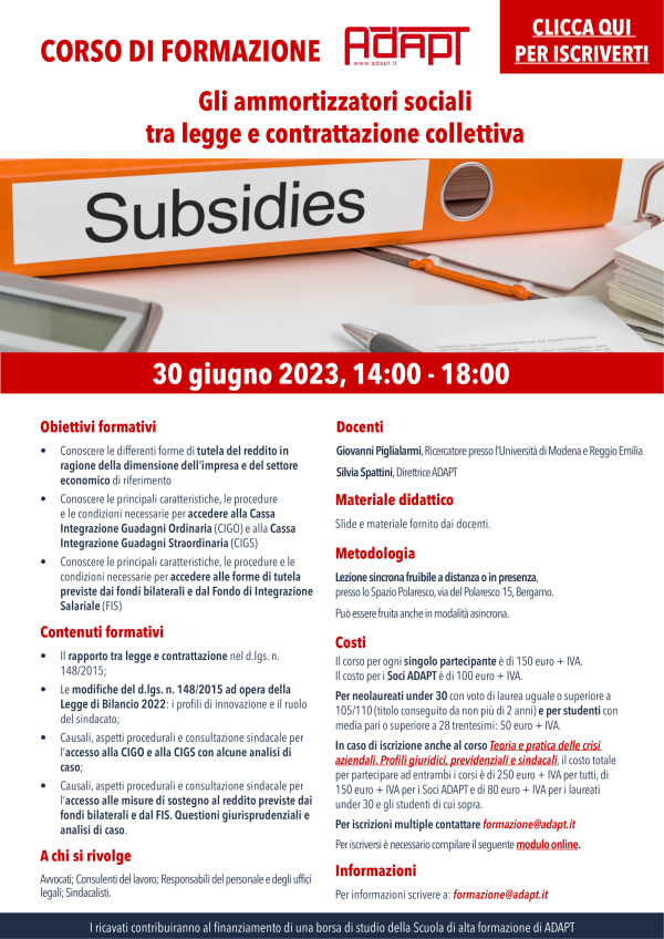 Corso sincrono-asincrono ADAPT: Gli ammortizzatori sociali tra legge e contrattazione collettiva