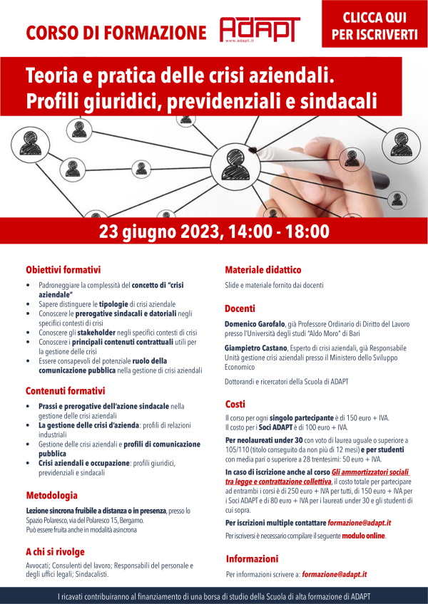 Corso sincrono-asincrono ADAPT: Teoria e pratica delle crisi aziendali. Profili giuridici, previdenziali e sindacali