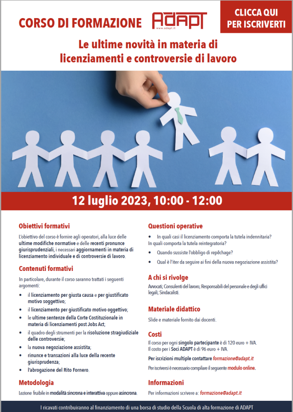 Corso sincrono-asincrono ADAPT: Le ultime novità in materia di licenziamenti e controversie di lavoro