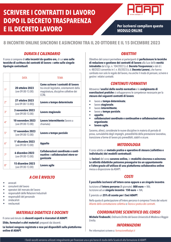 Corso sincrono-asincrono ADAPT: Scrivere i contratti di lavoro dopo il decreto trasparenza e il decreto lavoro