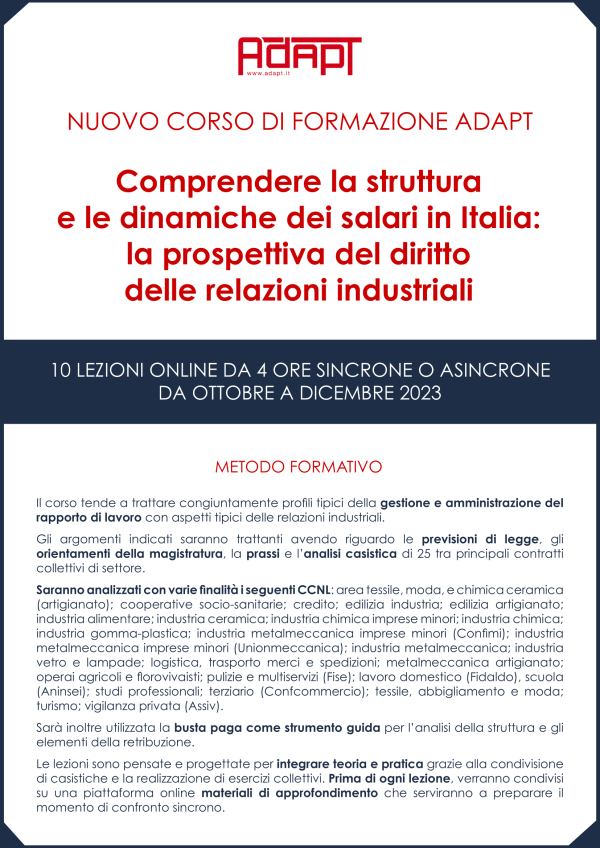 Corso sincrono-asincrono ADAPT: Comprendere la struttura e le dinamiche dei salari in Italia: la prospettiva del diritto delle relazioni industriali