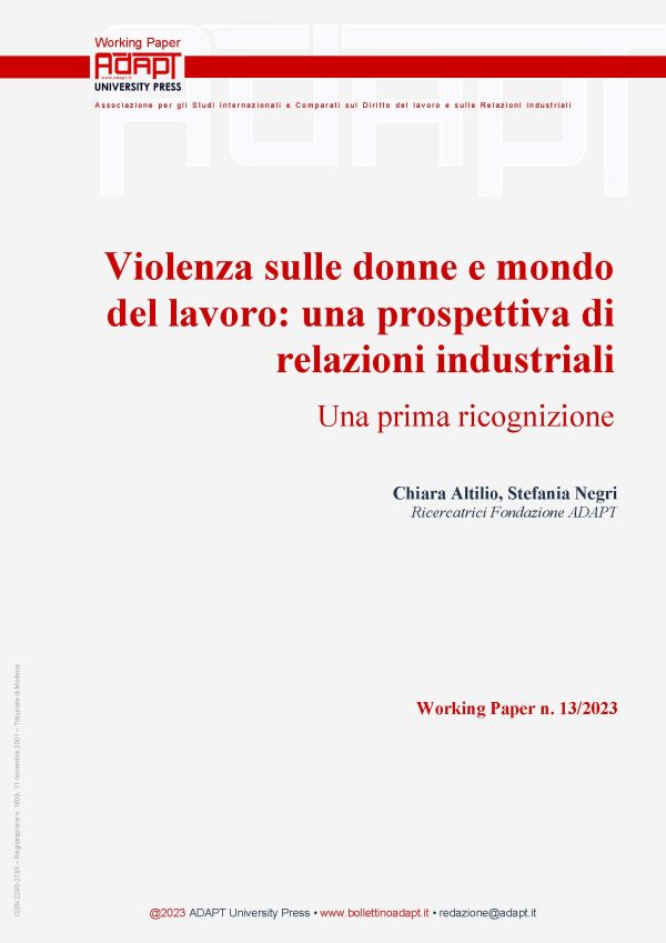Violenza sulle donne e mondo del lavoro: una prospettiva di relazioni industriali. Una prima ricognizione